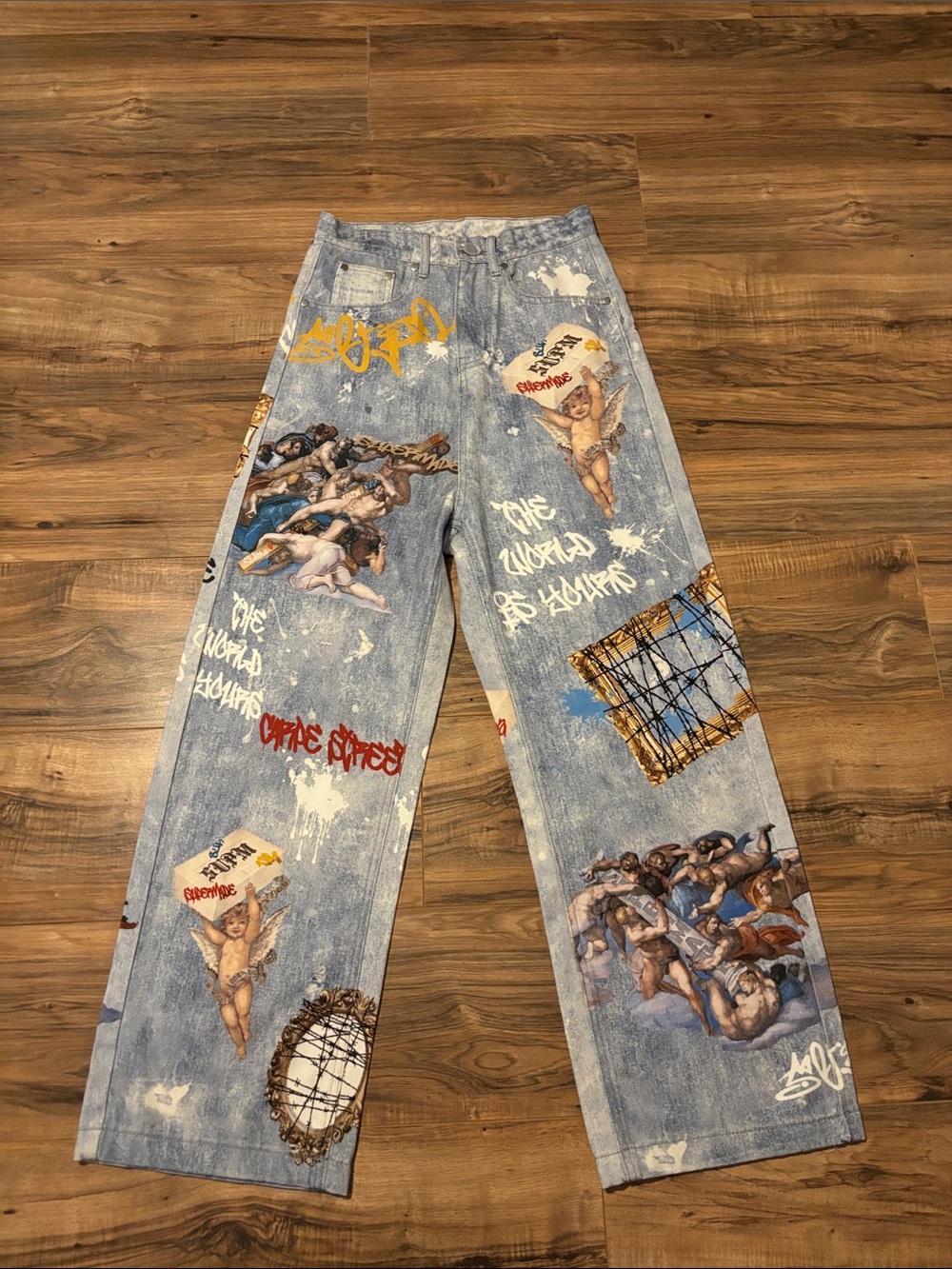 PALACE Light Blue Graphic-Print Relaxed Jeans with Multicolor Artwork